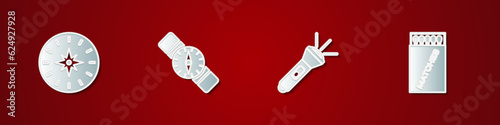 Set Compass, , Flashlight and Open matchbox and matches icon. Vector