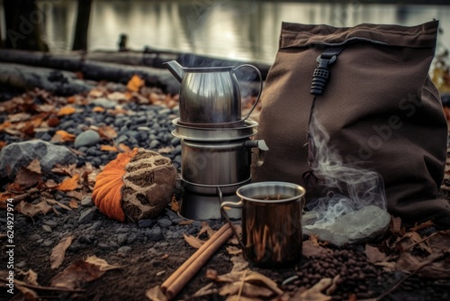 ground coffee in bag next to campfire setup, created with generative ai