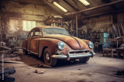 rusty vintage car in a deserted garage, created with generative ai