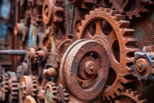 close-up of rusty gears and cogs in abandoned factory, created with generative ai