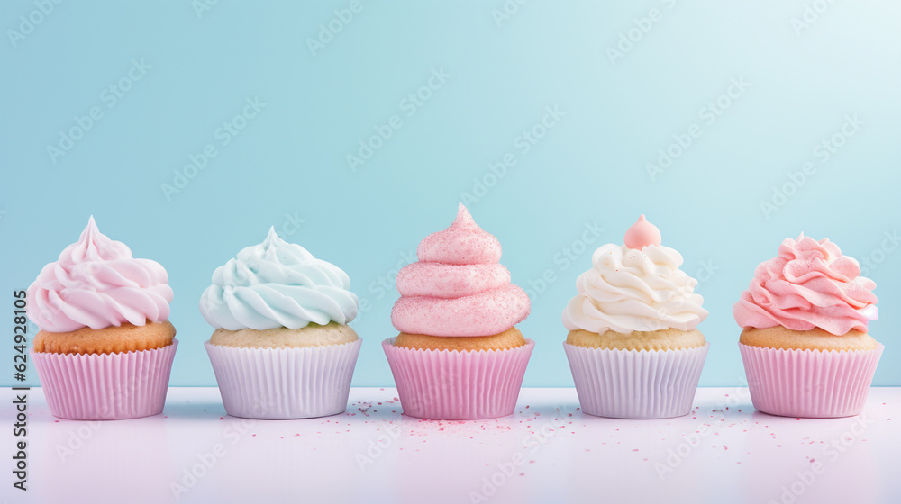 Pastel Frosted Cupcakes Lined up in a Row Against a Beautiful Pastel Gradient Background with Studio Lighting and Feminine, Whimsical Aesthetic - Generative AI