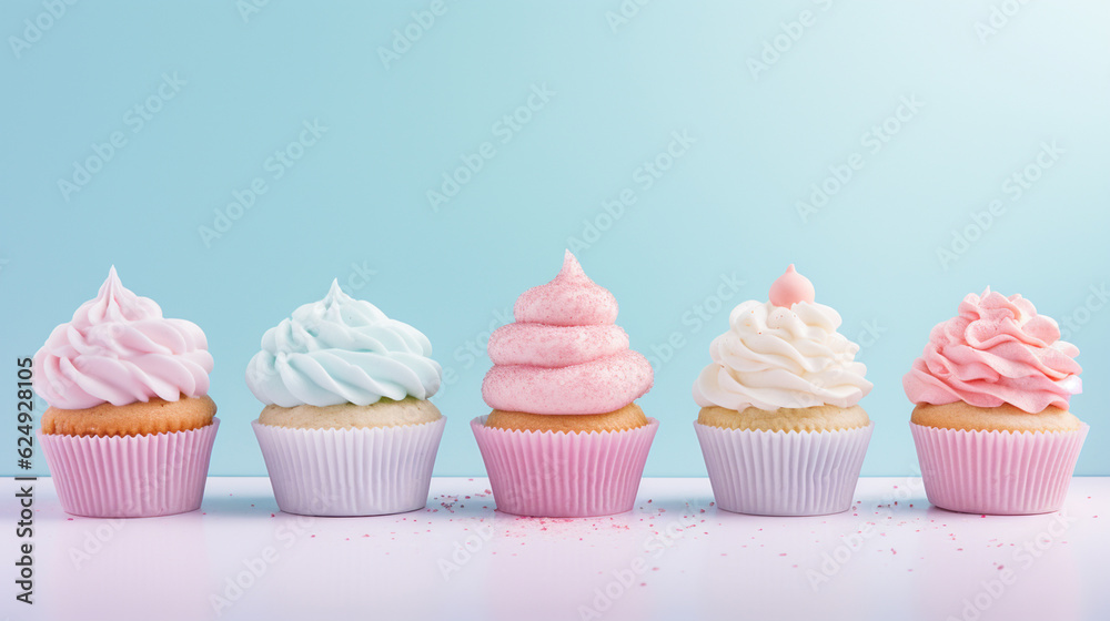 Pastel Frosted Cupcakes Lined up in a Row Against a Beautiful Pastel Gradient Background with Studio Lighting and Feminine, Whimsical Aesthetic - Generative AI Pastel Frosted Cupcakes Lined up in a Row Against a Beautiful Pastel Gradient Background with Studio Lighting and Feminine, Whimsical Aesthetic - Generative AI