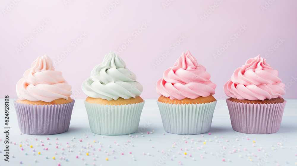 Pastel Frosted Cupcakes Lined up in a Row Against a Beautiful Pastel Gradient Background with Studio Lighting and Feminine, Whimsical Aesthetic - Generative AI