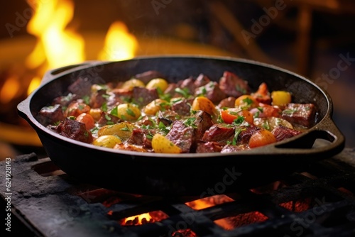 Canvastavla cast iron skillet with sizzling venison stew over an open fire, created with gen