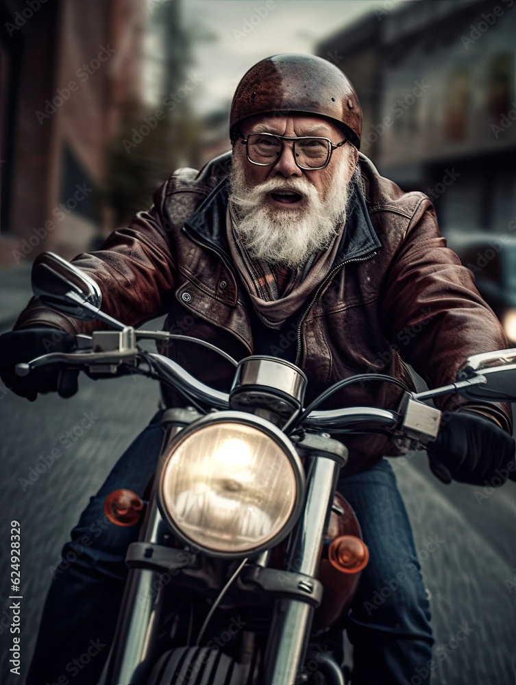 Elderly senior man riding a motorcycle, white haired old man on a fast motorbike, cool biker grandfather portrait
