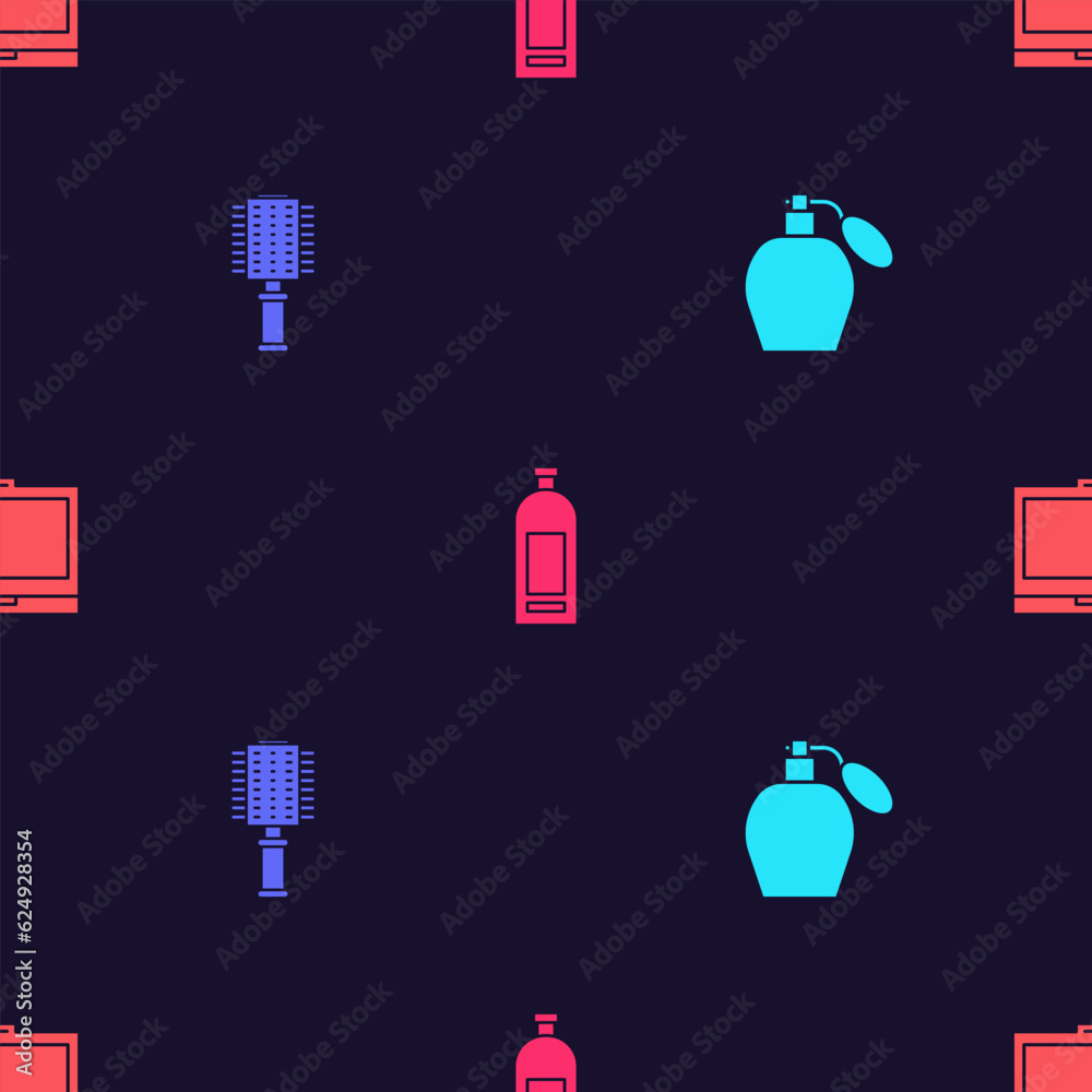 Set Perfume, Hairbrush, Bottle of shampoo and Makeup powder with mirror on seamless pattern. Vector