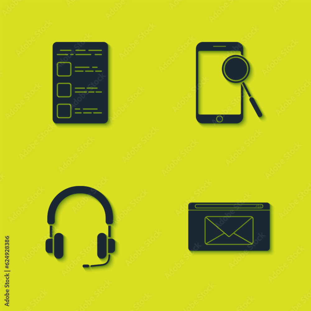 Set Create account screen on mobile, Mail and e-mail, Headphones and Mobile diagnostics icon. Vector Set Create account screen on mobile, Mail and e-mail, Headphones and Mobile diagnostics icon. Vector