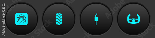 Set Gear shifter, Car tire, muffler and Sport steering wheel icon. Vector