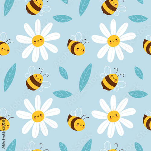 Cute bees and daisies seamless pattern. Cute characters in flat cartoon style on a light blue background.