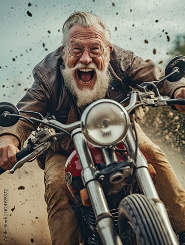 Extreme and excited senior man on a motorcycle with dirt in the air, white haired man riding a fast motorbike, handsome cool biker grandfather action photo