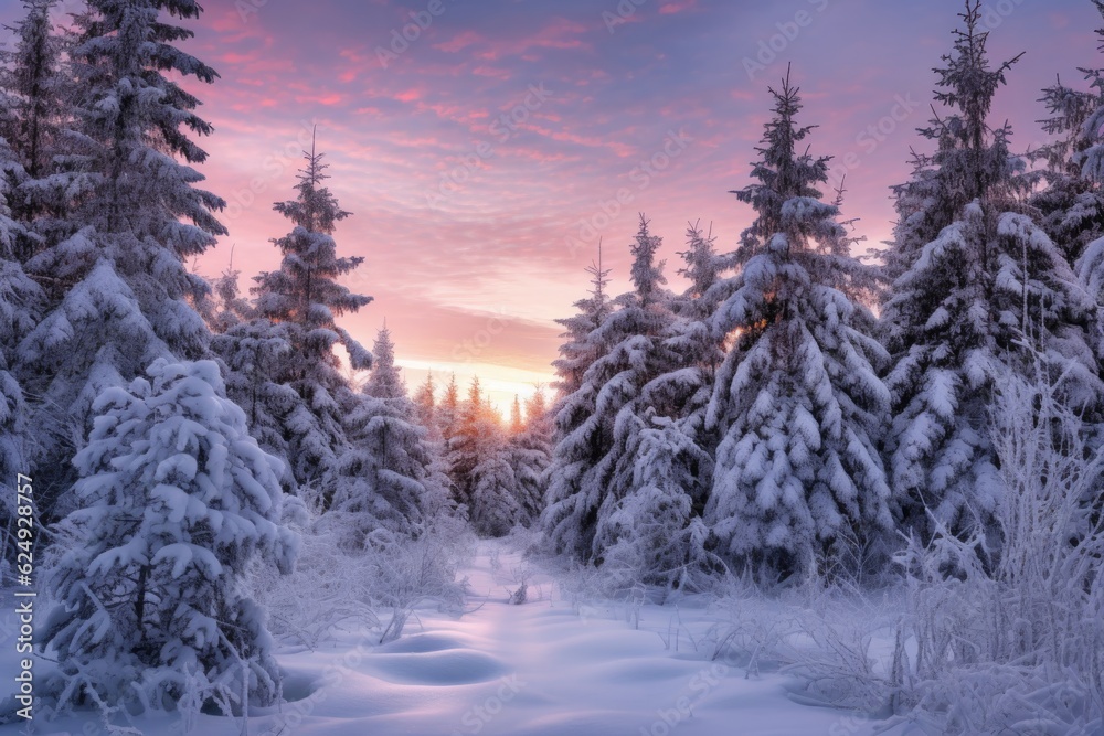 pine trees covered in snow at dusk, created with generative ai pine trees covered in snow at dusk, created with generative ai
