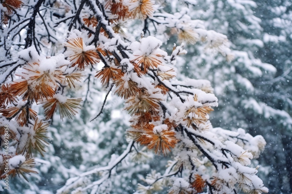 snowfall gently accumulating on pine tree branches, created with generative ai