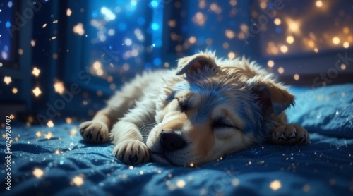 beautiful dog sleeping on a blue bed with stars