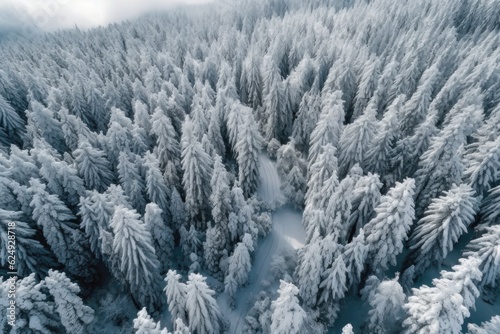 aerial view of snow-covered pine forest, created with generative ai