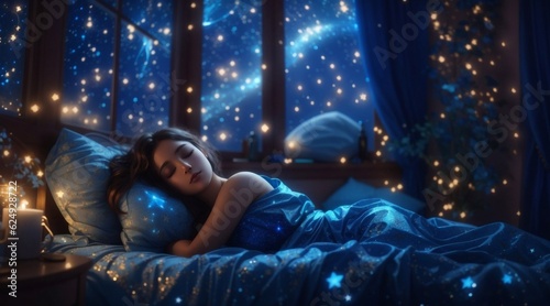 woman sleeping peacefully with luminous particles on her body