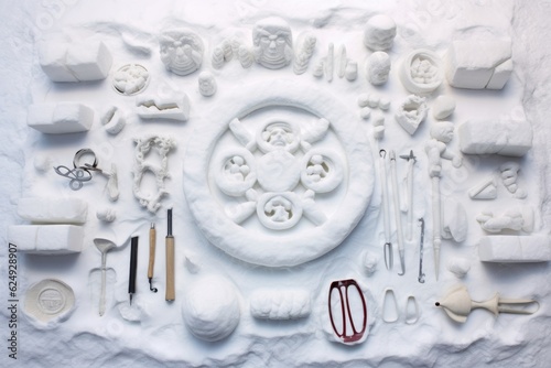 snow sculpture tools arranged on snowy surface, created with generative ai