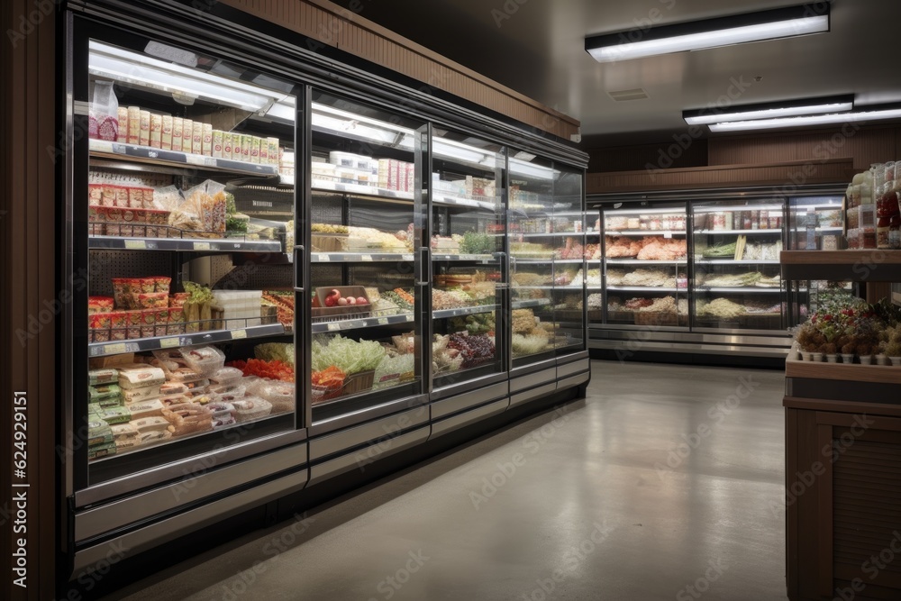 walk-in refrigerator with variety of foods and beverages, including fruits, vegetables, meat, and dairy products, created with generative ai