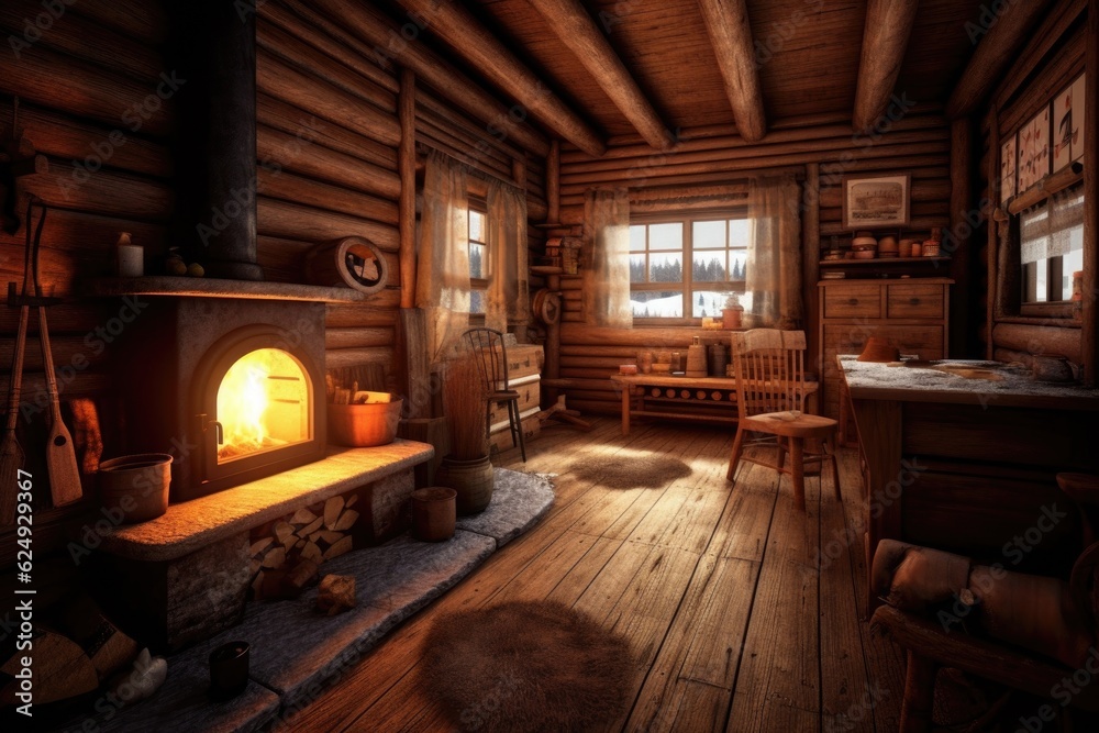 warm fireplace inside a wooden winter cabin, created with generative ai warm fireplace inside a wooden winter cabin, created with generative ai