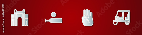 Set India Gate in Delhi, Wood cricket bat and ball, Indian symbol hand and Taxi tuk tuk icon. Vector