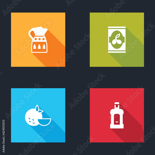 Set Sangria pitcher, Olives in can, Orange fruit and Orujo icon. Vector