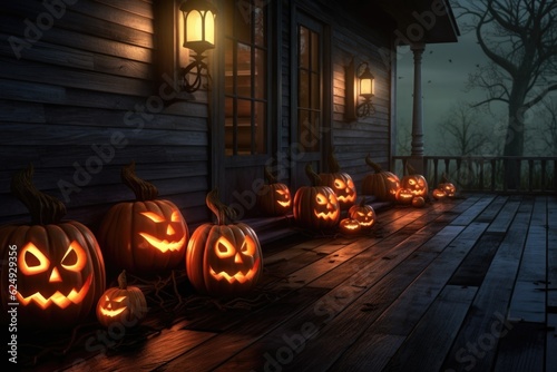glowing jack-o-lanterns on a dark porch, created with generative ai