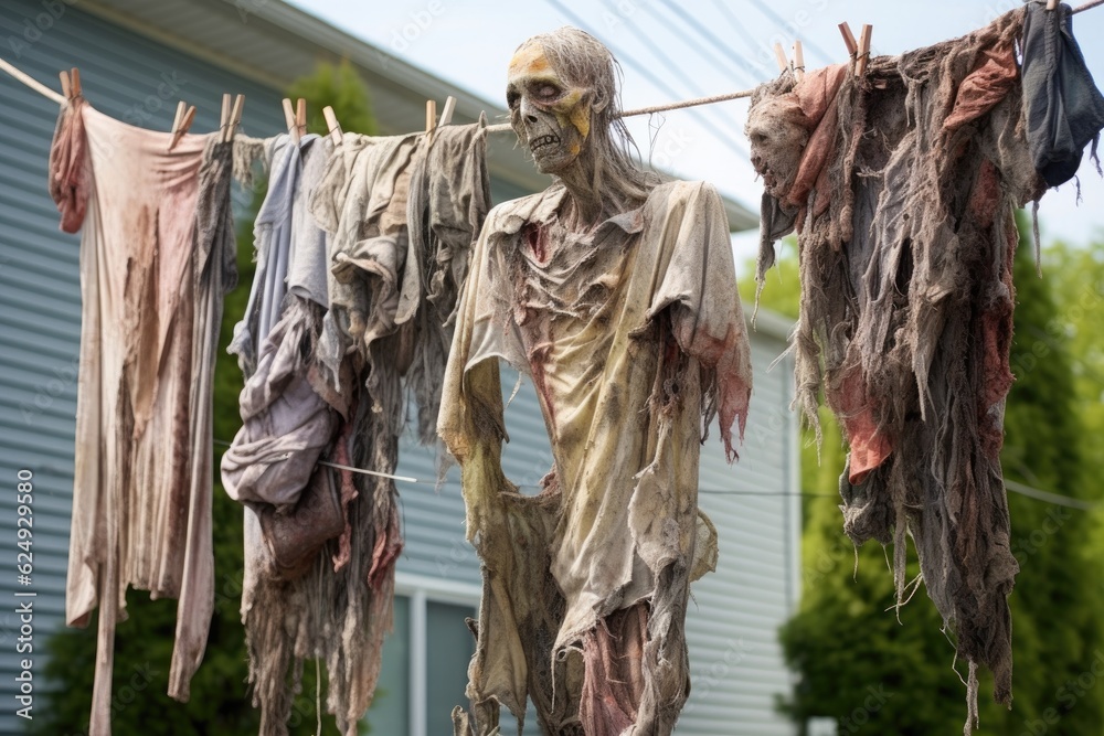 tattered zombie clothes hanging from a clothesline, created with generative ai