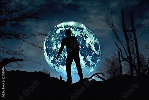 zombie silhouette against a full moon and dark sky, created with generative ai
