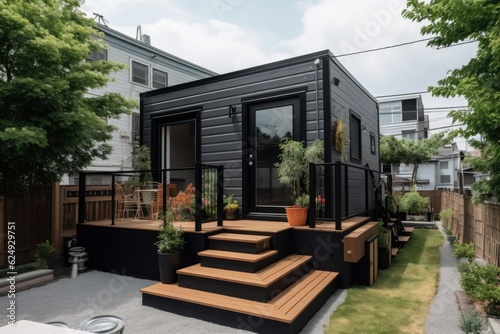tiny house in the middle of a vibrant, bustling city, created with generative ai