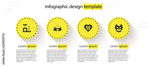 Set Cat scratching post, Pet food bowl, Heart with cat and . Business infographic template. Vector