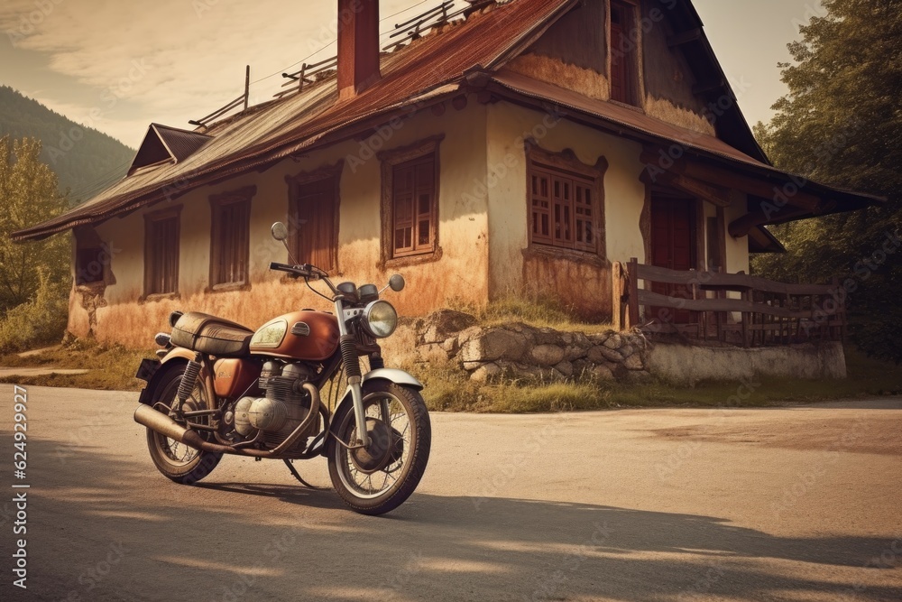 Fototapeta premium vintage motorbike parked on an empty road, created with generative ai
