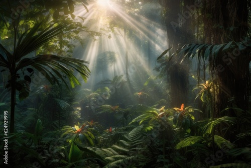 sunrays filtering through misty jungle foliage, created with generative ai