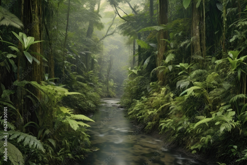 Fototapeta premium jungle river winding through dense vegetation, created with generative ai