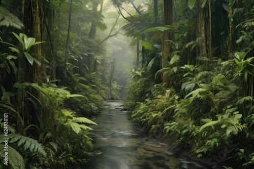 jungle river winding through dense vegetation, created with generative ai