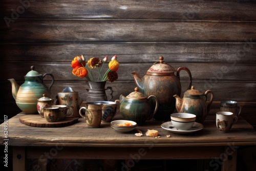 tea set with teapot, cups, and saucers on a rustic table, created with generative ai