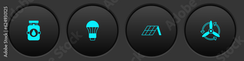Set Propane gas tank, LED light bulb, Solar energy panel and Wind turbine icon. Vector