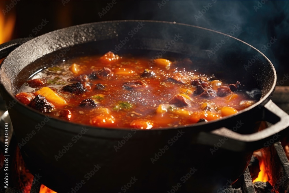 close-up of bubbling stew in a cast iron pot, created with generative ai