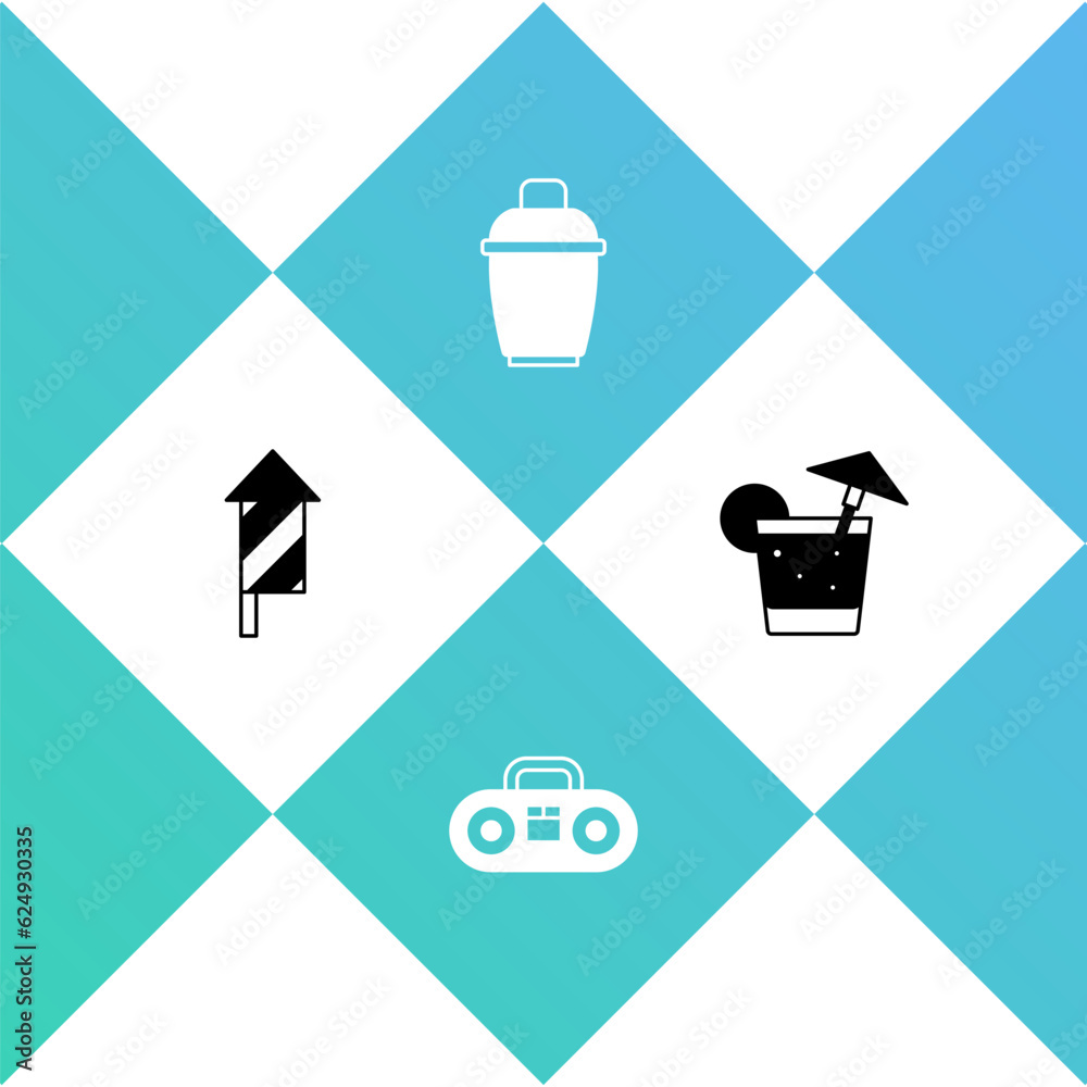 Set Firework rocket, Home stereo with two speakers, Cocktail shaker and icon. Vector Set Firework rocket, Home stereo with two speakers, Cocktail shaker and icon. Vector