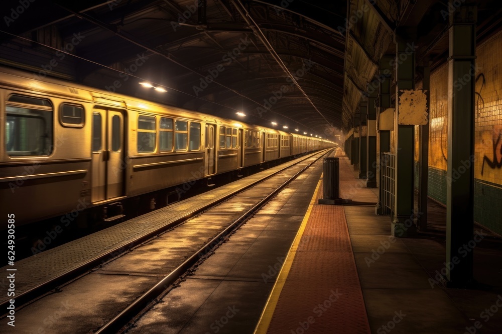Fototapeta premium dimly lit empty subway platform with train approaching, created with generative ai