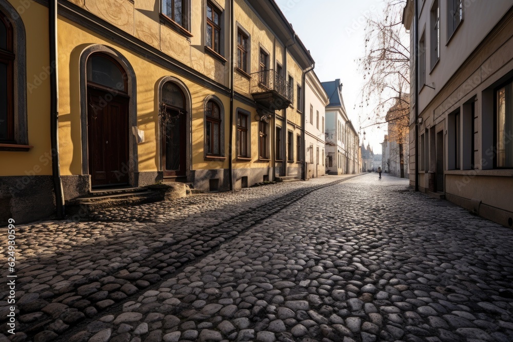 empty cobblestone street with building shadows, created with generative ai