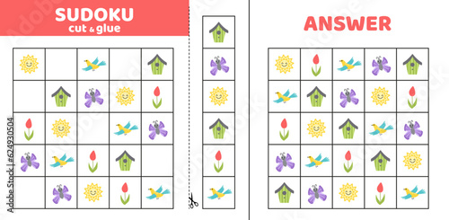 Sudoku with sun, tulip, bird, birdhouse. Spring. Game puzzle for kids Cut and glue Cartoon
