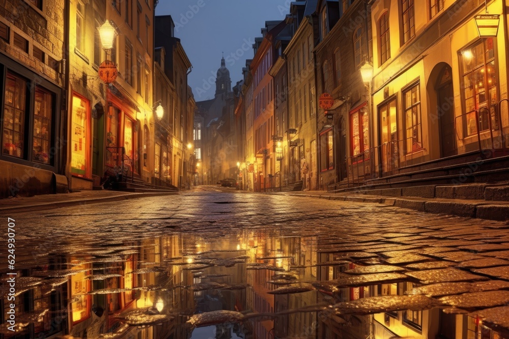 rain-soaked cobblestone street reflecting warm streetlights, created with generative ai