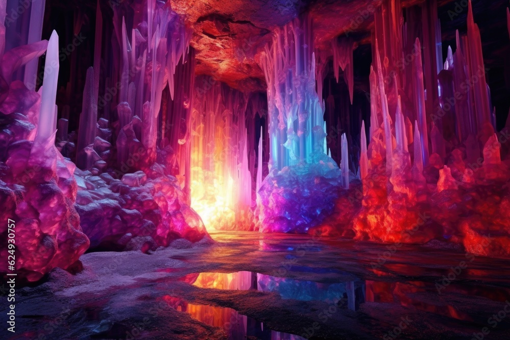 Fototapeta premium glowing crystal cave with vibrant colors, created with generative ai