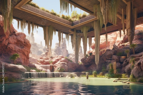 a desert oasis with levitating waterfalls  created with generative ai