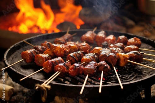 sizzling sausages on skewers over hot coals, created with generative ai
