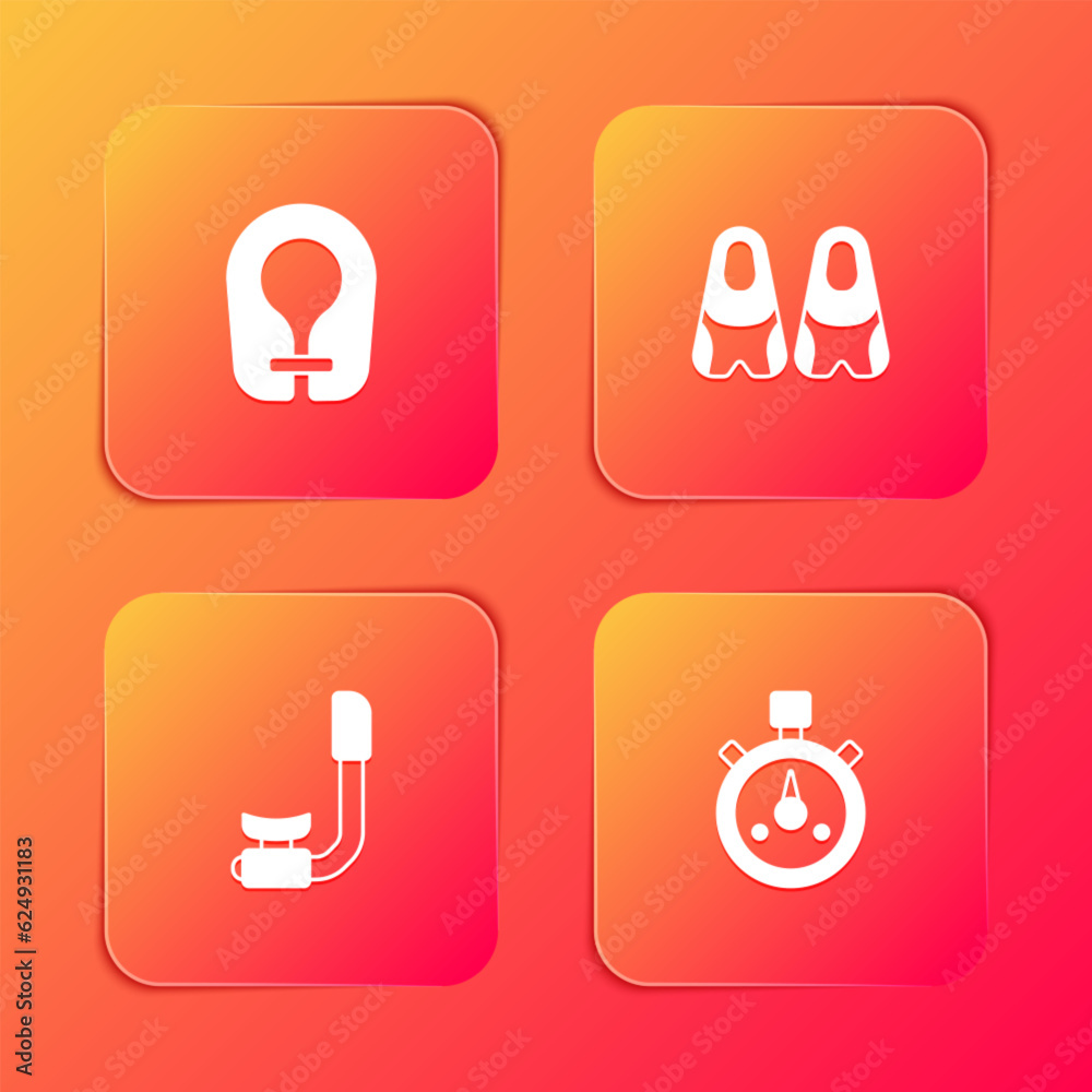 Set Life jacket, Flippers for swimming, Snorkel and Stopwatch icon. Vector