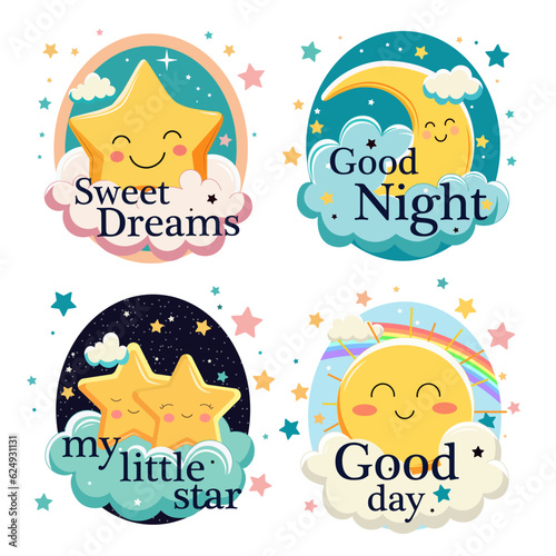 Set of beautiful color day and night elements in cartoon style. Vector illustration of bright various childrens posters with smiling stars, crescents, clouds, rainbow, lettering isolated on white.