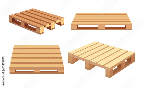 Set of beautiful wooden pallets in cartoon style. Vector illustration of wooden pallets in different angles: front, corner isolated on a white background. Pallets for cargo transportation.