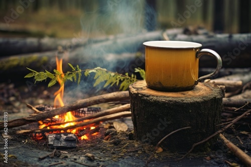 chamomile tea in a rustic mug beside a campfire, created with generative ai
