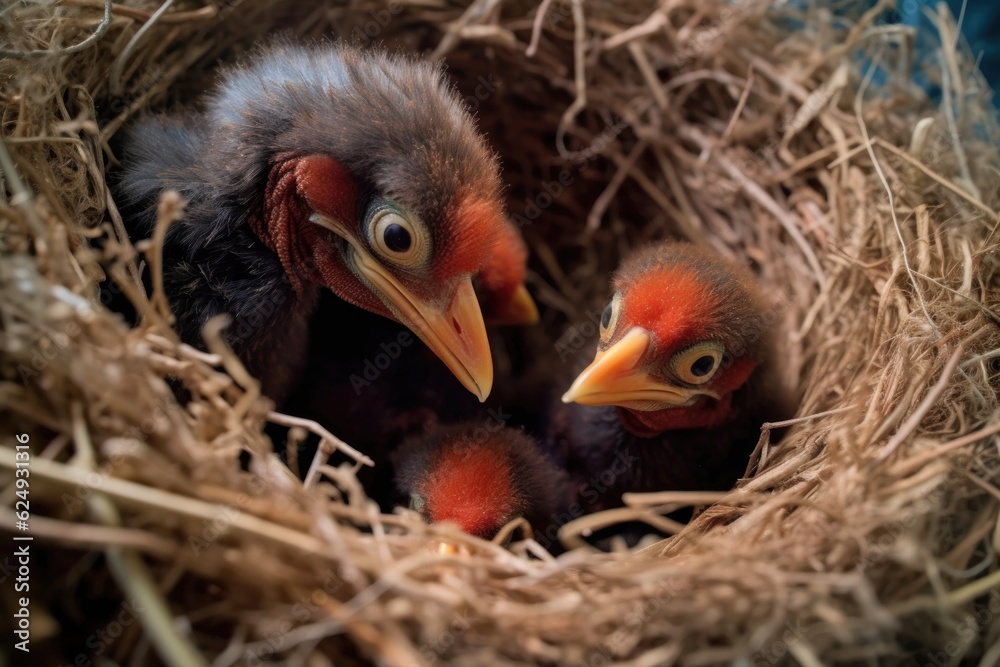 close-up of rare bird chicks hatching from their eggs in the nest, created with generative ai