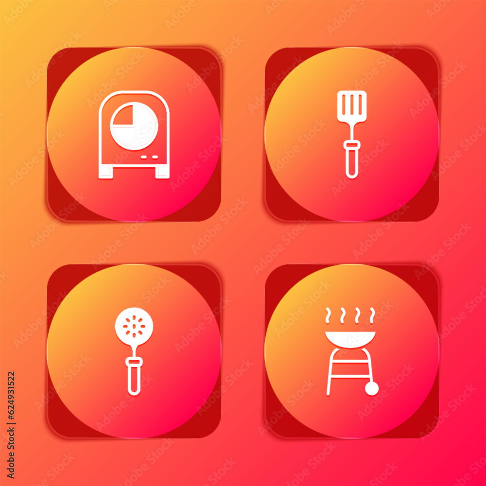 Set Kitchen timer, Barbecue spatula, Spatula and grill icon. Vector Set Kitchen timer, Barbecue spatula, Spatula and grill icon. Vector